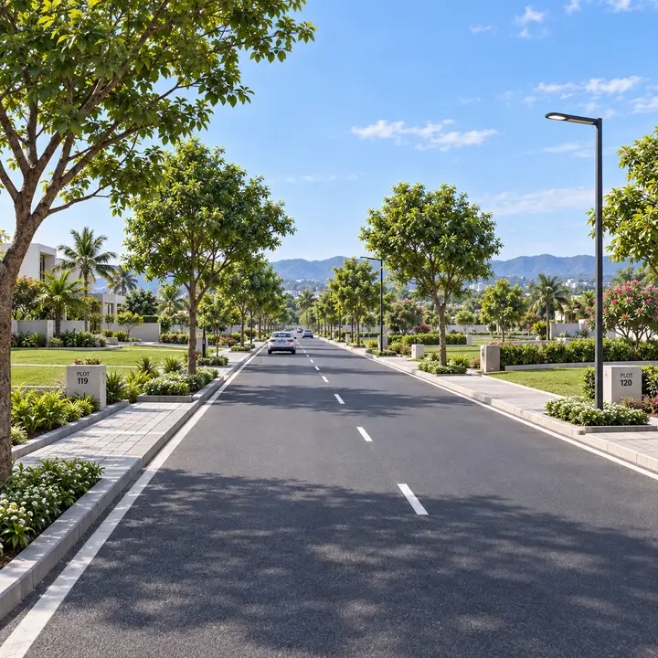 Concorde Doddaballapur wide internal boulevard with avenue trees, footpaths and street lights, artist's impression Concorde Doddaballapur wide internal boulevard with avenue trees, footpaths and street lights, artist's impression