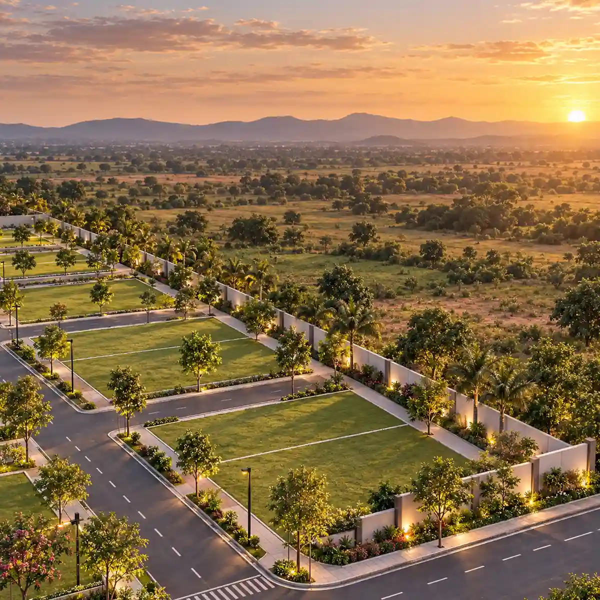 Concorde Doddaballapur plots and lit compound walls at golden hour with open land and a distant ridge beyond, artist's impression
