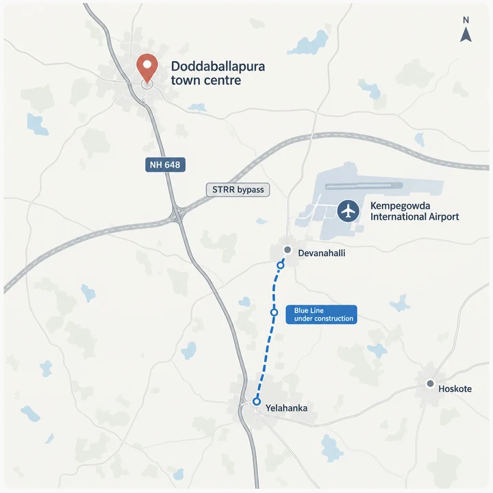 Concorde Doddaballapur location map showing Doddaballapura town centre on NH 648 with the STRR bypass, Devanahalli, the airport, Yelahanka and Hoskote marked Concorde Doddaballapur location map showing Doddaballapura town centre on NH 648 with the STRR bypass, Devanahalli, the airport, Yelahanka and Hoskote marked